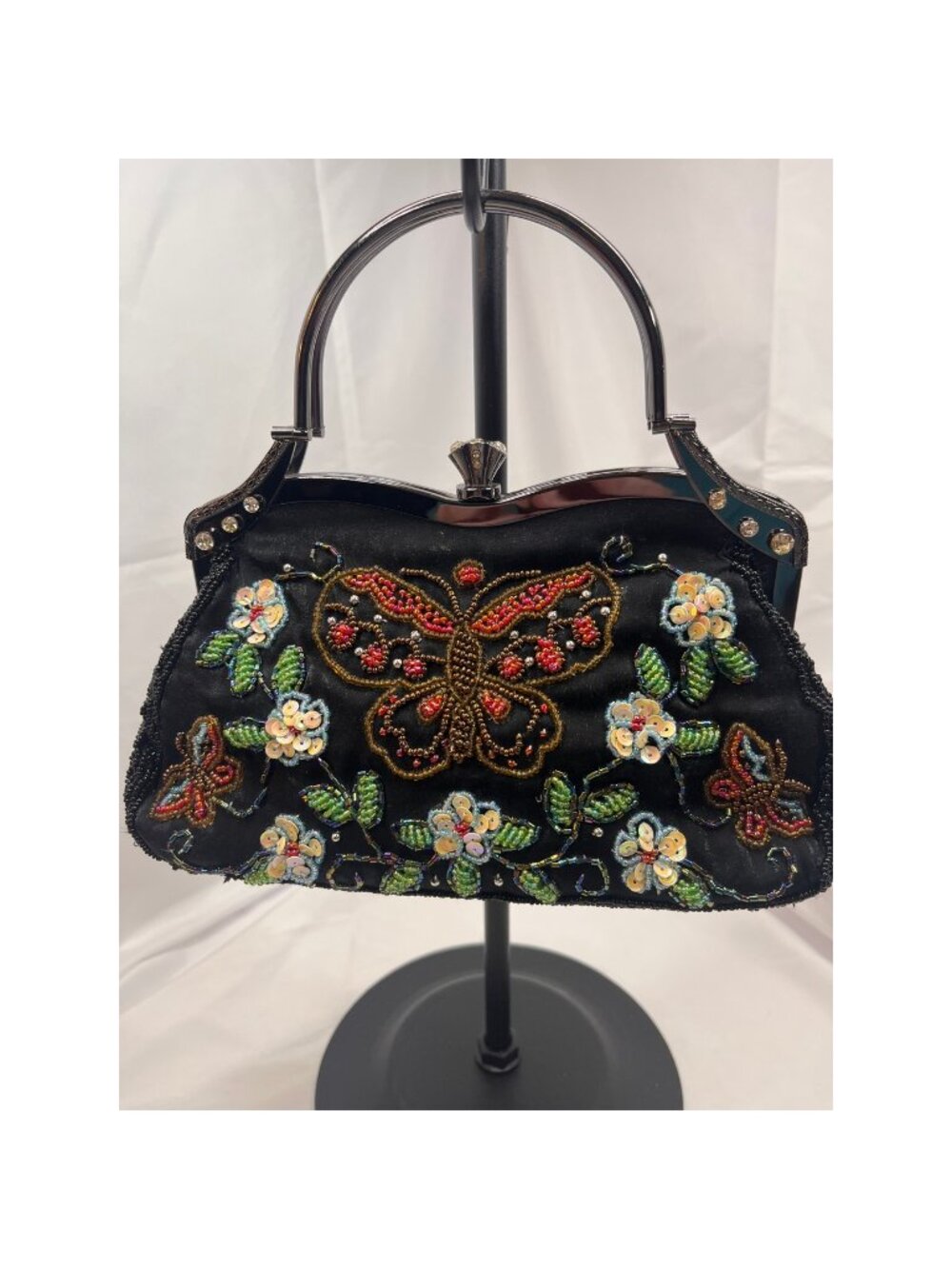 Beaded Butterfly Floral Evening Bag Black Rhinestone Frame